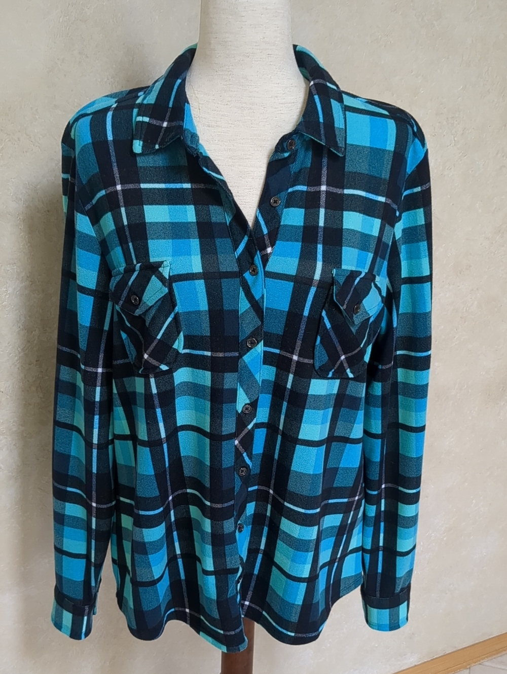 Denim&Co Blue Teal Plaid Button-Down Shirt